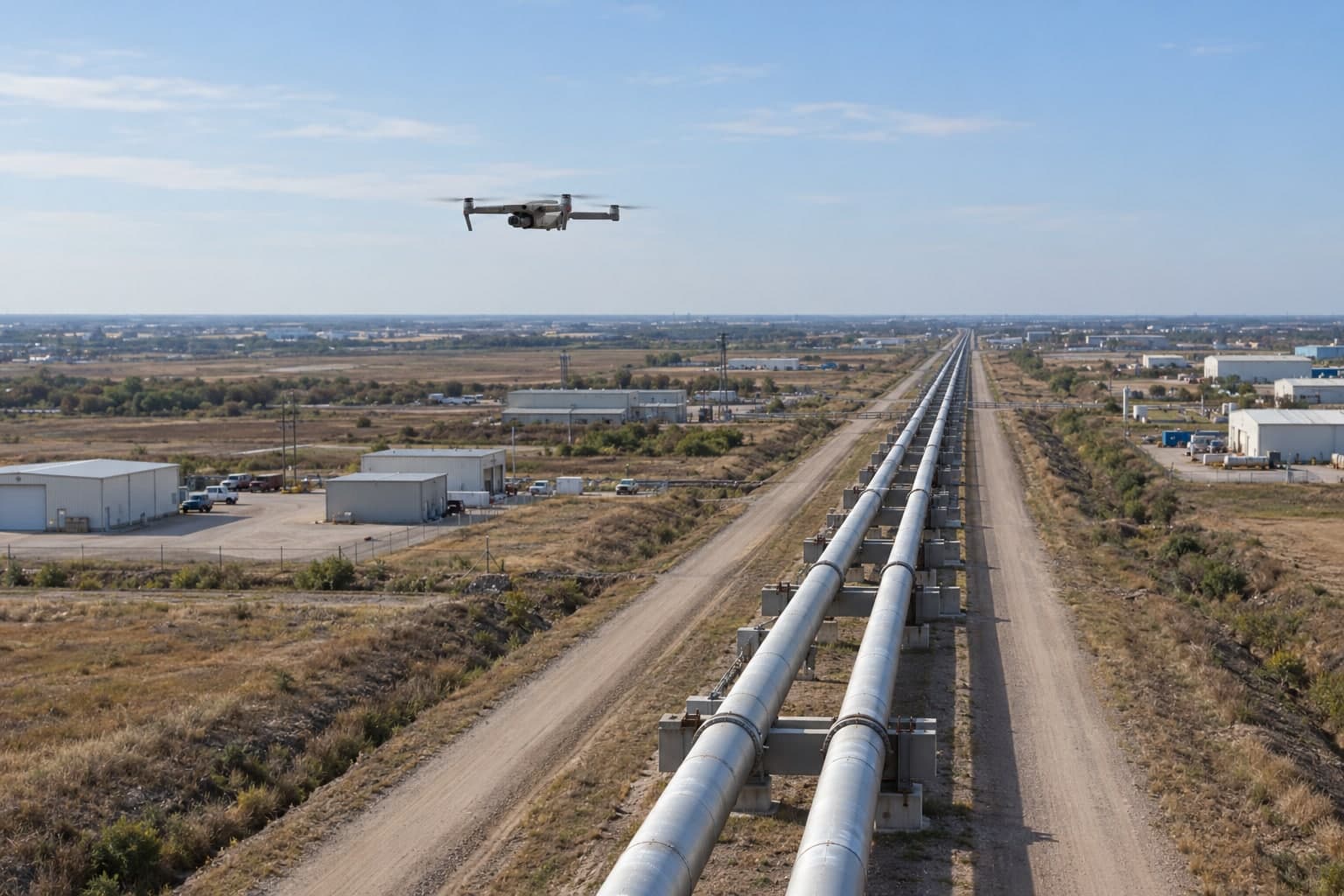 An inspection drone flying along pipelines at an industrial facility